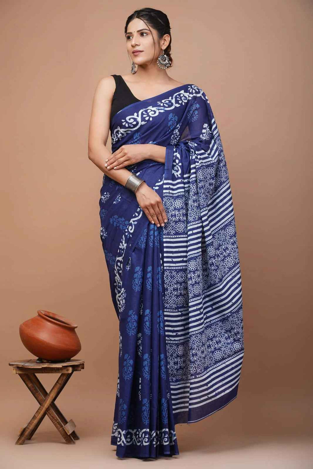 Midnight Muse Indigo Whisper Mulmul Cotton Saree